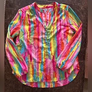 Buckhead Betties Colorful Neon Abstract Striped Button-Up Long Sleeve Blouse